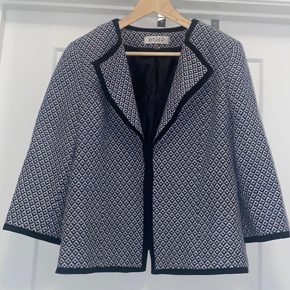 Blue, Cream, and Black KASPER Pattern Jacket/Blazer - Size 10